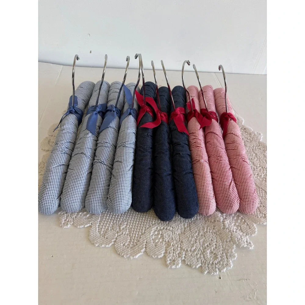 Vintage Padded Hangers Set of 9 Denim Gingham Check Fabric Cottagecore Decor